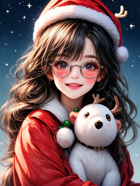 A super cute Asian little girl, she is a Christmas girl, with a red and green floral coat, a round face, long hair, a white Christmas hat, fluffy, big eyes open, wearing sunglasses, scissors hands, sitting on a big apple, next to a cute reindeer, healing s...