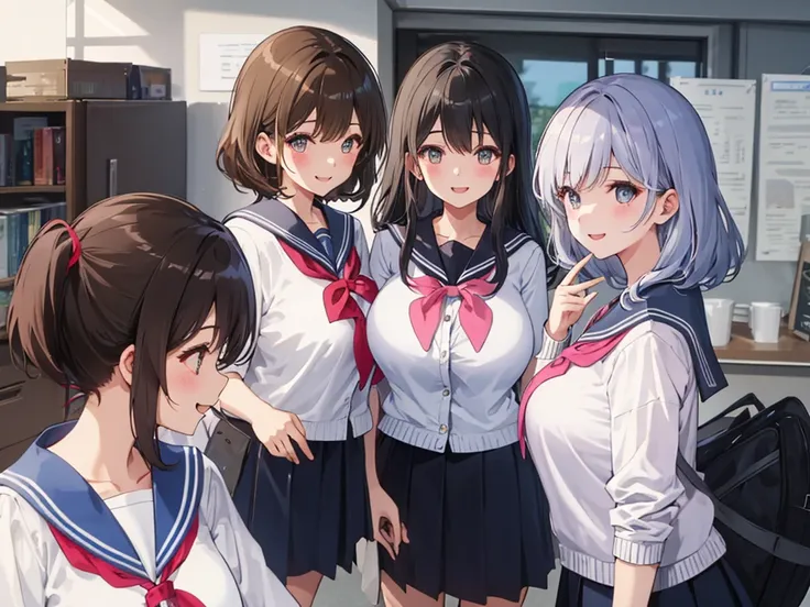 highest quality、High resolution、High definition、Beautiful teenage girl、Four women,sailor suit,cute hairstyle,perfect skin,huge breasts、Look at me happily、smiling、laughing、sexual expression、Upper body、Cute colored school cardigan