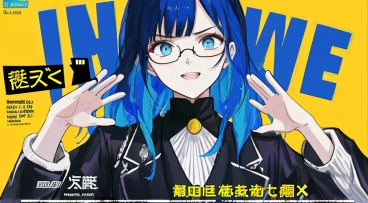 (((dramatic))), (((intense)))) The movie poster features as the central character. She is shy in the center of the poster, ワンピース clothing, Hair is blue、Wear glasses、double teeth、The smile and the determined look on her face. The background is dark and ザラザラ...