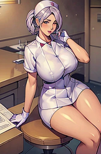 nurse uniform,hospital, latex nurse suit,nurses,busty,elbow gloves,labcoat,silverhair woman,white eyes , gigantic boobs ,medical instruments,asian nurse,two nurses,speculum,examination room,oversize boobs, ,big ass ,strap on, lay on table ,legs spreaded,gi...