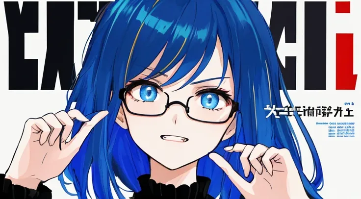 (((dramatic))), (((intense)))) The movie poster features as the central character. She is shy in the center of the poster, ワンピース clothing, Hair is blue、Wear glasses、double teeth、The smile and the determined look on her face. The background is dark and ザラザラ...