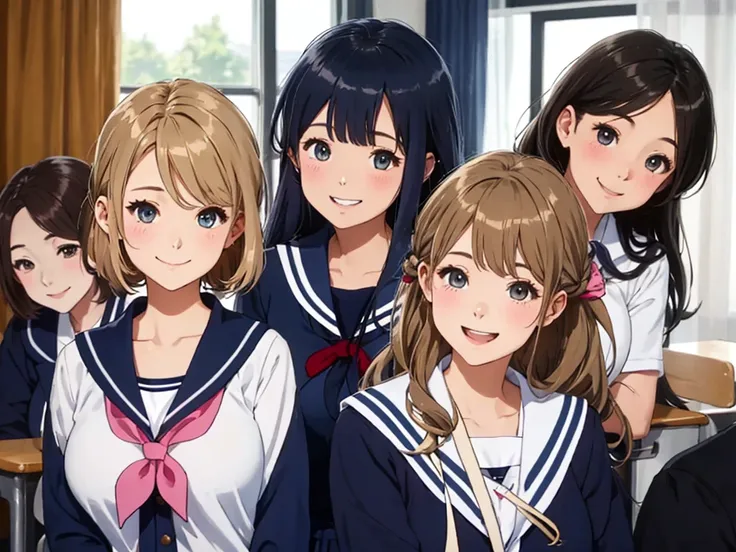 highest quality、high resolution、high definition、beautiful teenage girl、four women,(navy blue sailor uniform),(navy sailor color)...