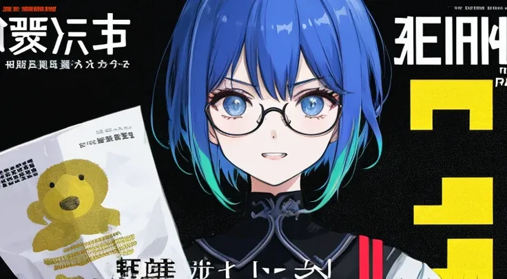 (((dramatic))), (((intense)))) The movie poster features as the central character. She is shy in the center of the poster, ワンピース clothing, Hair is blue、Wear glasses、double teeth、The smile and the determined look on her face. The background is dark and ザラザラ...