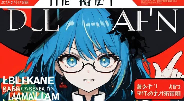 (((dramatic))), (((intense)))) The movie poster features as the central character. She is shy in the center of the poster, ワンピース clothing, Hair is blue、Wear glasses、double teeth、The smile and the determined look on her face. The background is dark and ザラザラ...