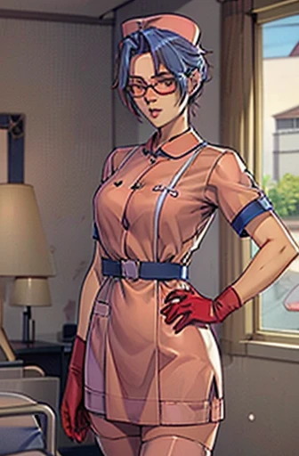 2women, nurse, nurse cap, red wear, ((red legwear, zettai ryouiki)), black gloves, glasses, blue hair, orange eyes, pink lips, standing, ((hospital room)), sharp outline, short sleeves, mature female, 35 years old, best quality, masterpiece