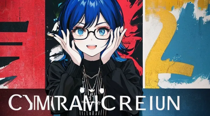 (((dramatic))), (((intense)))) The movie poster features as the central character. She is shy in the center of the poster, ワンピース clothing, Hair is blue、Wear glasses、double teeth、The smile and the determined look on her face. The background is dark and ザラザラ...