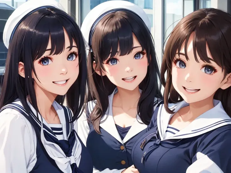 highest quality、high resolution、high definition、beautiful teenage girl、four women,(navy blue sailor uniform),(white sailor colla...