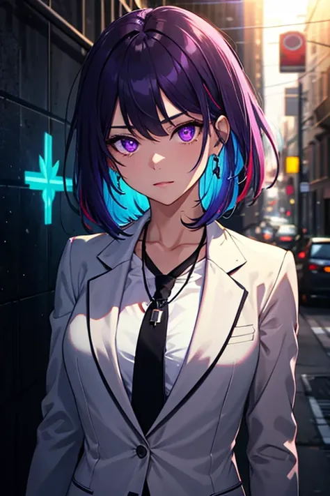 High resolution, highest quality, figure,  Super detailed, (detailed face), (fine eyes), cinematic lighting, highest quality, very detailed, masterpiece, thin line, 1 girl, alone, purple hair, purple eyes, black blazer, white shirt, black tie,  jewelry, ne...