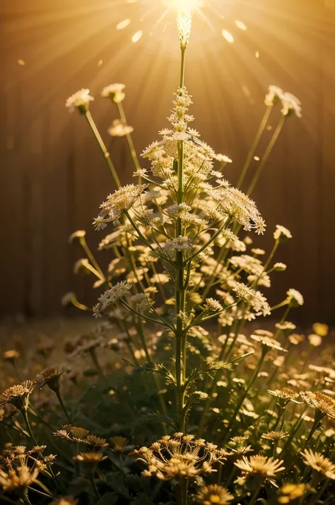  Am exquisite illustration of a Queen Annes Lace flower, original digital artwork, ultra detailed, maximum quality, light particles, bokeh, shimmer, 16k, maximum resolution, golden hour lighting
