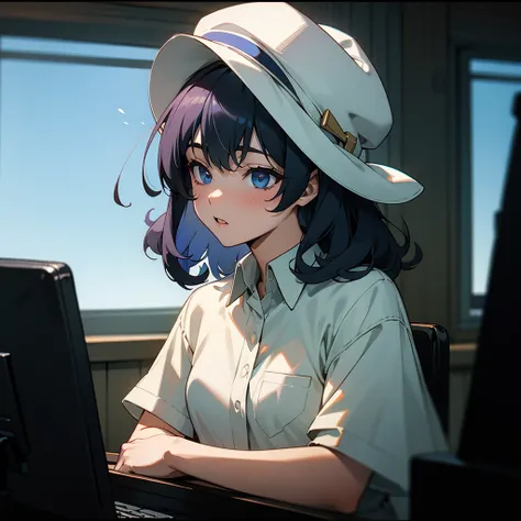 a man wearing a white cap, curly hair, black hair color, white shirt, in front of a computer screen.