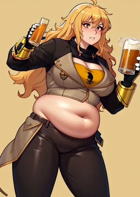 art by kipteitei, yang, tan collared jacket, black pants, long blonde hair, obese body, beer belly, intimate, looking to the rig...