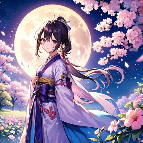 highest quality, expensive_solve, clear_image, detailed background ,girl, hanbok,flower,garden,moon, night, fantasy