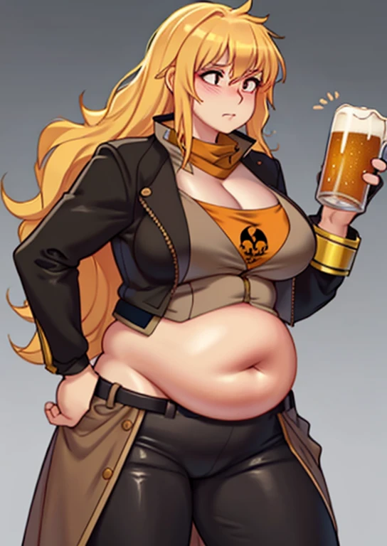 art by kipteitei, yang, tan collared jacket, black pants, long blonde hair, obese body, beer belly, intimate, looking to the rig...