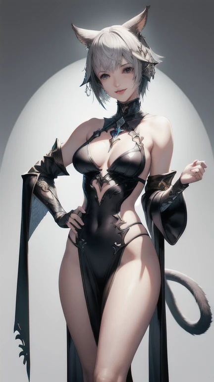 Masterpiece, perfect anatomy, super high resolution, one woman, (((Final Fantasy 14, Yshtora))), cat ears, silver hair, short hair, shaved back, small breasts, sparkling eyes, ((white eyeballs)), a seductive smile, glossy lips, closed lips, black wizards r...