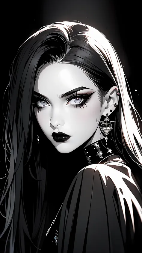 best quality,4k,8k,highres,masterpiece:1.2,ultra-detailed,realistic:1.37,wednesday adams,gothic black,glitter eyeshadow,black ba...