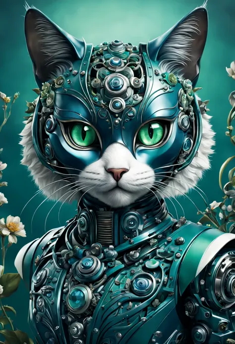 Mechanical cats，photorealestic，anthropomorphic cat，Role setting，Ultra-detailed graphics，Delicate face，8K，MagazineCover，Floral background decoration，intense color contrast，The color is dark，Blue-green-white tones