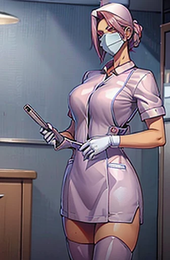 black nurse, 1womanl, Nurse, Nurse Cap, Redware, ((Red legwear, zettai ryouiki)), Red Elbow Gloves, Silver hair, Blue eyes, ((White surgical mask, Cover the nose)), Standing, ((surgery room)), sharp outline, Short sleeves, a matural female, 35 year old, Be...