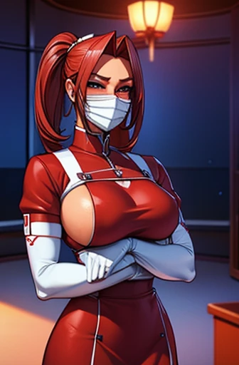 redblack nurse, 1womanl, Nurse, Nurse Cap, Redware, ((Red legwear, zettai ryouiki)), Red Elbow Gloves, Silver hair, Blue eyes, ((White surgical mask, Cover the nose)), Standing, ((surgery room)), sharp outline, Short sleeves, a matural female, 35 year old,...