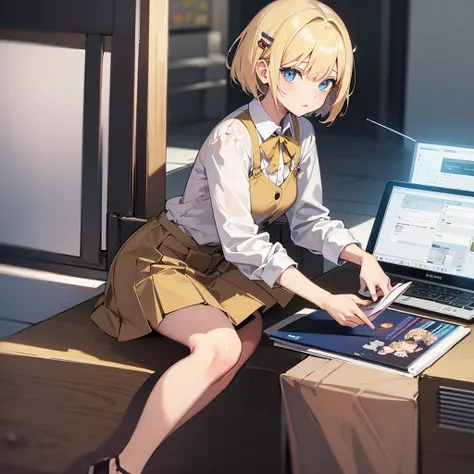 Masterpiece, solo, 1girl, collared shirt, hair ornament, short skirt, short blonde hair, 