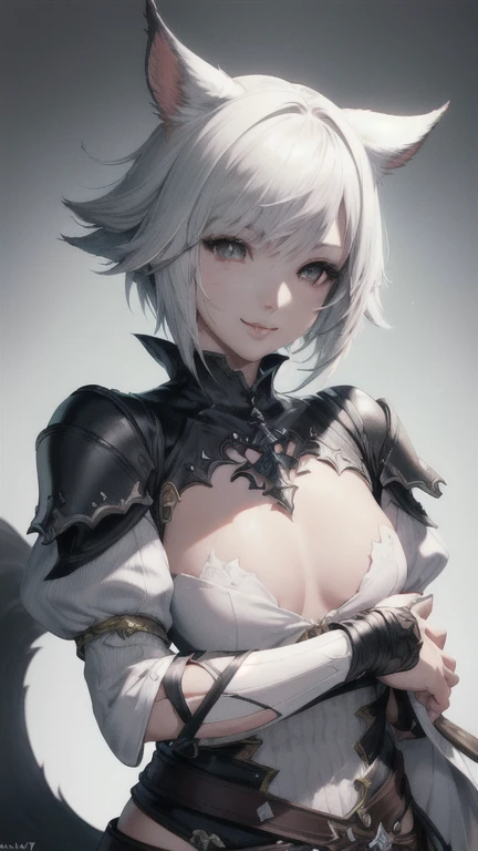 (best quality,highres,masterpiece:1.2),ultra-detailed,((final fantasy14, Yshtora))
illustration,cat ears,silver hair,short hair,buzzed back hair,small bust,bright shining eyes,
white pupils,seductive smile,luscious lips,closed mouth,black mage robe,