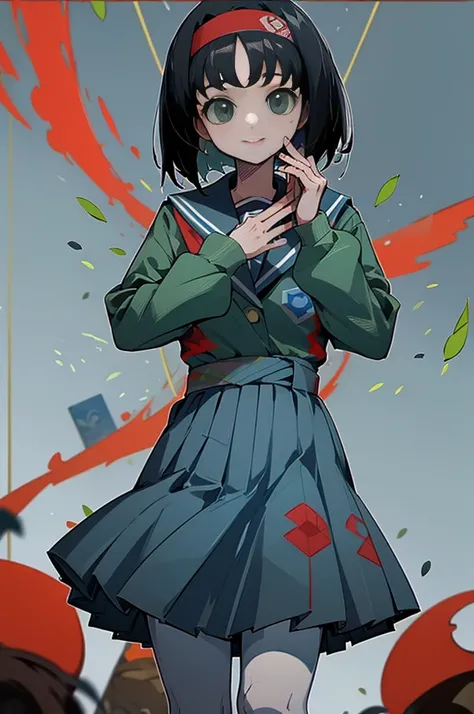 ((masterpiece,highest quality)), disorganized, Erika_Pokemon, green eyes, short black hair, in the same way, red hair band, alone, smile, looking at the viewer, cowboy shot,  cinematic composition,Student winter uniform,Blue jacket,Blue pleated skirt,white...