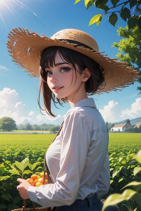 (best quality,8k,highres,masterpiece:1.2),stunningly beautiful woman in her 20s,working on a farm,with long sleeves,long pants,(straw hat),vivid colors,ultra-detailed,farm scenery,agricultural tools,plentiful harvest,peaceful atmosphere,warm sunlight,sharp...