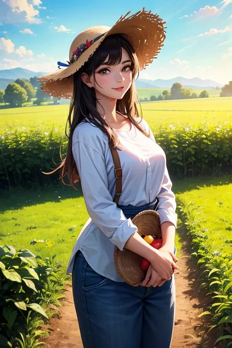 (best quality,8k,highres,masterpiece:1.2),stunningly beautiful woman in her 20s,working on a farm,with long sleeves,long pants,(straw hat),vivid colors,ultra-detailed,farm scenery,agricultural tools,plentiful harvest,peaceful atmosphere,warm sunlight,sharp...