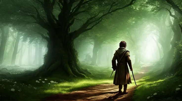 (extremamente detalhado 8k wallpaper), a wide shot of Frodo from Lord of the Rings and Harry Potter, em sua floresta, themed background, Cinematic Filters, Dynamic Posture, Intricado, alto detalhe, dramatic, (extremamente detalhado), ultra-detalhado