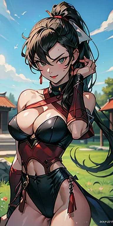 (masterpiece), best quality, expressive eyes, perfect face, skimpy, muscular athletic body, kagero, smile, cleavage, black leotard, red pantyhose, sash, pagoda, pond, exposed midriff, toned abs, ((fishnets)), 