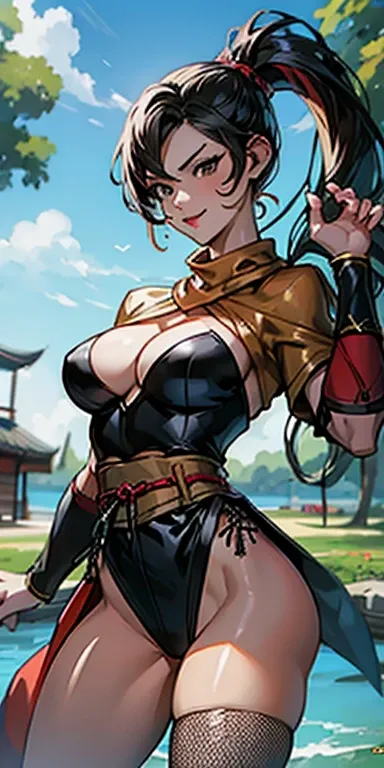 (masterpiece), best quality, expressive eyes, perfect face, skimpy, muscular athletic body, kagero, smile, cleavage, black leotard, red pantyhose, sash, pagoda, pond, exposed midriff, toned abs, ((fishnets)), 