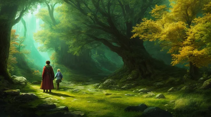 (extremamente detalhado 8k wallpaper), um plano amplo com dois personagens, one being Frodo from Lord of the Rings and the other Harry Potter, em sua floresta, themed background, Cinematic Filters, Dynamic Posture, Intricado, alto detalhe, dramatic, (extre...