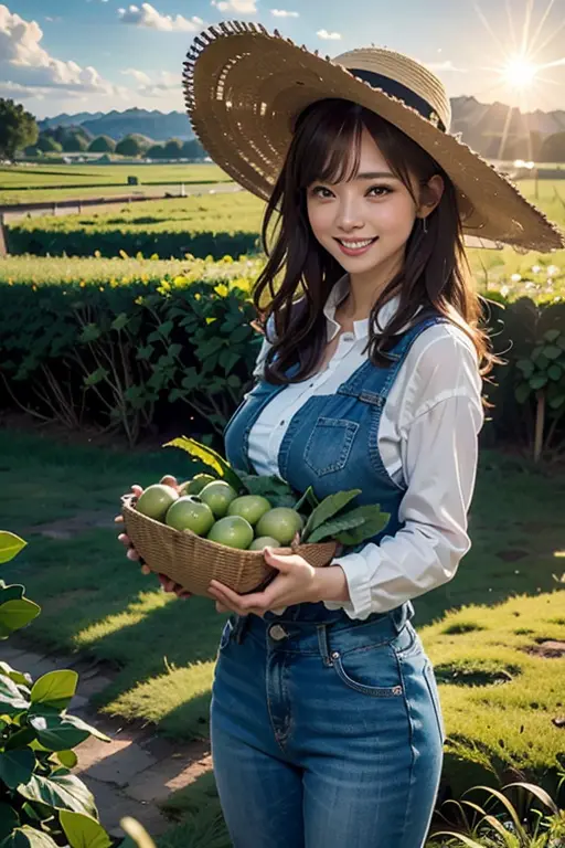 (best quality,8k,highres,masterpiece:1.2),stunningly beautiful woman in her 20s,working on a farm,with long sleeves,long pants,(straw hat),vivid colors,ultra-detailed,farm scenery,agricultural tools,plentiful harvest,peaceful atmosphere,warm sunlight,sharp...