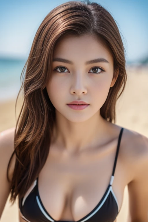 ((highest quality、8K、masterpiece:1.3))、Self snap、beautiful woman with perfect figure、abs、Athlete body type、dark brown hair、straight hair、model pose、huge breasts、bikini、beach、Highly detailed face and skin texture、detailed eye、double eyelid