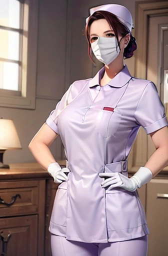 red nurse, 1womanl, Nurse, Nurse Cap, Redware, ((Red legwear, zettai ryouiki)), Red Elbow Gloves, Silver hair, Blue eyes, ((White surgical mask, Cover the nose)), Standing, ((surgery room)), sharp outline, Short sleeves, a matural female, 35 year old, Best...