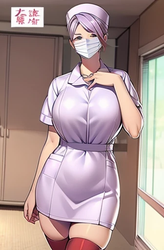 red nurse, 1womanl, Nurse, Nurse Cap, Redware, ((Red legwear, zettai ryouiki)), Red Elbow Gloves, Silver hair, Blue eyes, ((White surgical mask, Cover the nose)), Standing, ((surgery room)), sharp outline, Short sleeves, a matural female, 35 year old, Best...