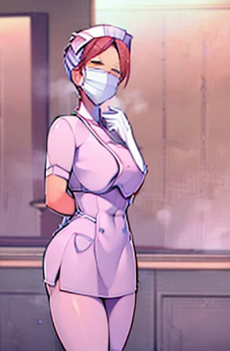 red nurse, 1womanl, Nurse, Nurse Cap, Redware, ((Red legwear, zettai ryouiki)), Red Elbow Gloves, Silver hair, Blue eyes, ((White surgical mask, Cover the nose)), Standing, ((surgery room)), sharp outline, Short sleeves, a matural female, 35 year old, Best...