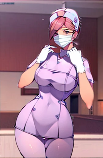 red nurse, 1womanl, Nurse, Nurse Cap, Redware, ((Red legwear, zettai ryouiki)), Red Elbow Gloves, Silver hair, Blue eyes, ((White surgical mask, Cover the nose)), Standing, ((surgery room)), sharp outline, Short sleeves, a matural female, 35 year old, Best...