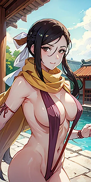 (masterpiece), best quality, expressive eyes, perfect face, kagero, hair over one eye, hair ribbon, yellow scarf, japanese clothes, cleavage, sash, upper body, large breasts, looking at viewer, japanese architecture, furrowed brow, smile, spring, pagoda, p...