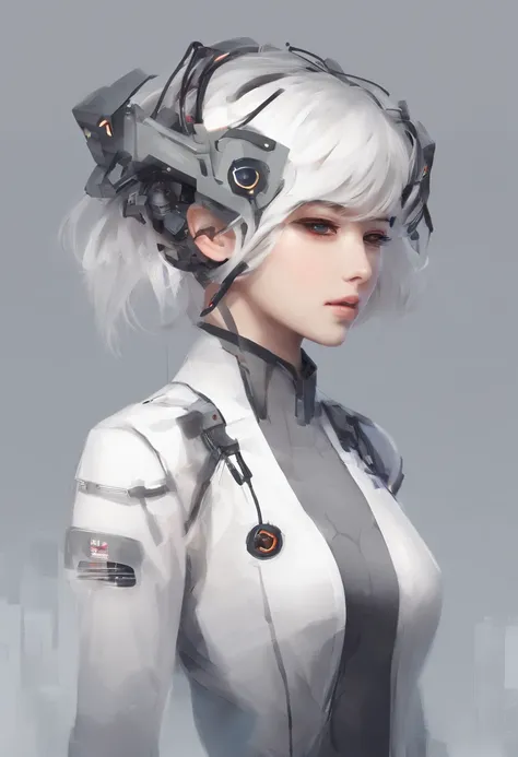 《Artificial intelligence role》。（（（Virtual character design：Psychological counselor。woman，20 years old，white short hair，Exquisite facial features，beautiful make up，Skin details，Smile）））。（（white tech nurse））。((Super realistic details)), illumination, light a...