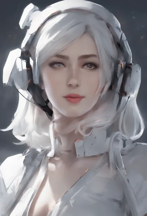 《Artificial intelligence role》。（（（Virtual character design：Psychological counselor。woman，20 years old，white short hair，Exquisite facial features，beautiful make up，Skin details，Smile）））。（（white tech nurse））。((Super realistic details)), illumination, light a...