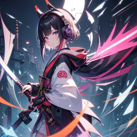 The electronic world, one girl, kimono, headphones, (with weapons, katana, weapons), photographic, glimmering,