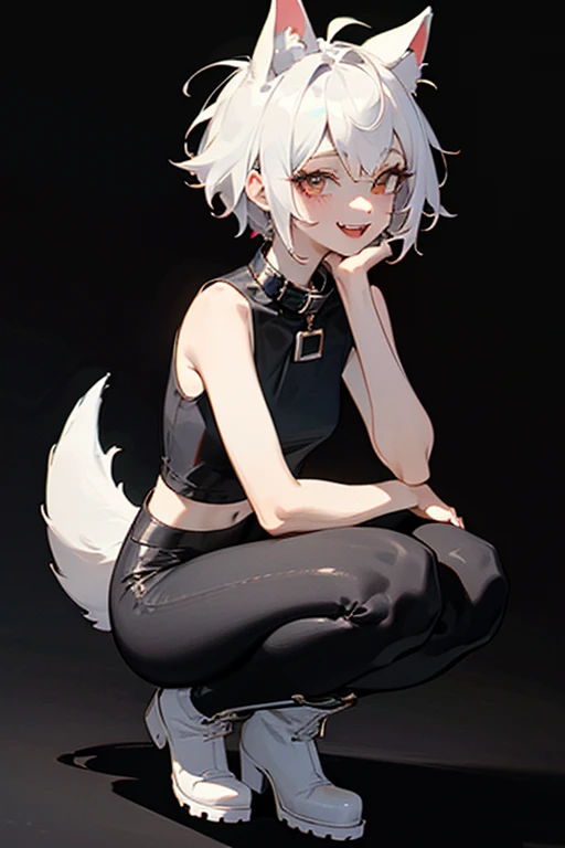 (Masterpiece: 1.5, best quality, high resolution: 1.3, super resolution, super detailed, ultra detailed: 1.3, rich background: 1.2, 1 woman)) pale skin + white hair + short hair messy in various directions + amber + eyelashes long + female body + medium ch...