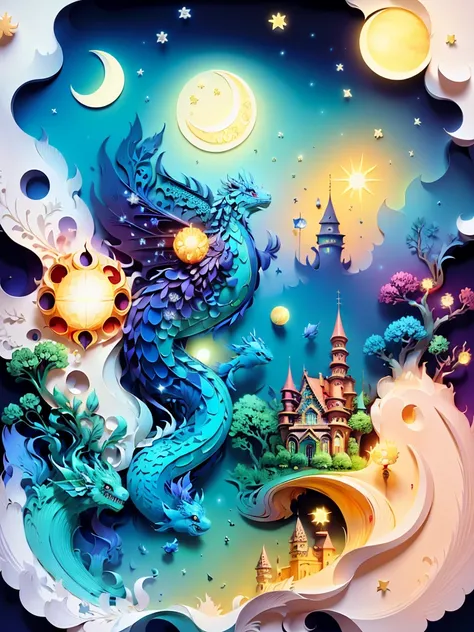 (((masterpiece))),best quality, illustration, Fairy castle, dragon, moon & sun, water , paper_cut