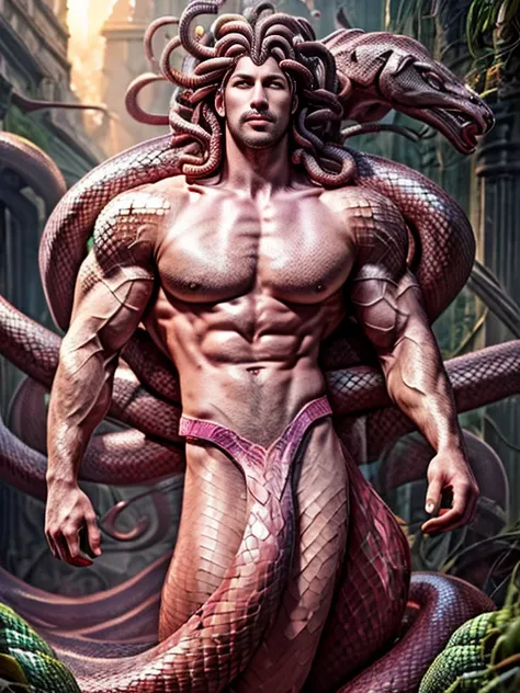 ((best quality)), ((masterpiece)), ((realistic)), Medusa(male), full body, male, muscular body, hair is made up of countless snakes , pink eyes, pink skin, male face, pink scales, royal aura, tail tipped with giant snake emerging from waist, trending on ar...