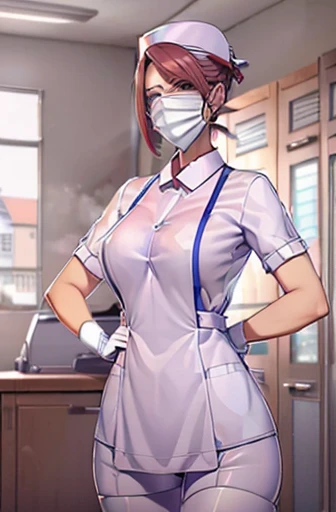 red nurse, 1womanl, Nurse, Nurse Cap, Redware, ((Red legwear, zettai ryouiki)), Red Elbow Gloves, Silver hair, Blue eyes, ((White surgical mask)), Standing, ((surgery room)), sharp outline, Short sleeves, a matural female, 35 year old, Best Quality, masute...