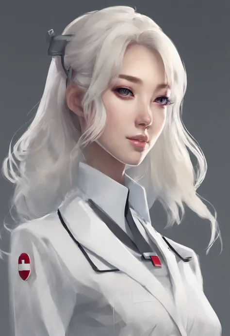 《The role of artificial intelligence》。（（（Virtual character design：Psychological counselor。Miss，20 years old，white short hair，Exquisite facial features，beautiful make up，Skin details，Smile）））。（（White nurses uniform））。((Super realistic details)),（（（Half body...