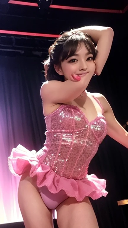 master piece、Ultra high resolution photo quality、cinematic camera work、Video of the entire stage、long shot、modern japanese strip theater、wide stage、wide seat、Mayu Minami、big droopy eyes、thick eyebrows、flushed cheeks、familiarity、very beautiful Japanese fema...