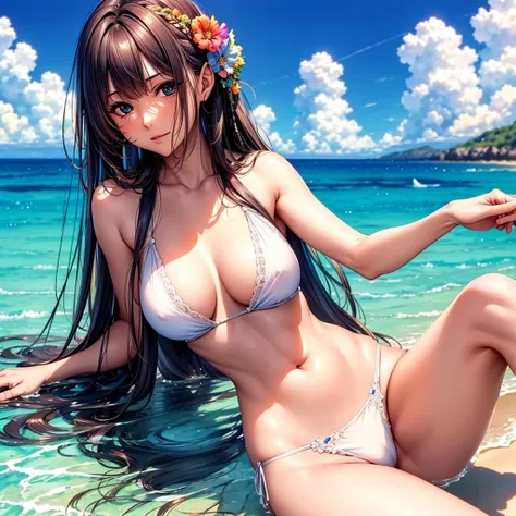 (highest quality,masterpiece,Super high quality),The most beautiful woman in a floral bikini swimsuit,A beautiful face with well-shaped eyes and nose,Her hair is tied back and her bangs are neatly trimmed, while her side hair is left long.,8 heads with a p...