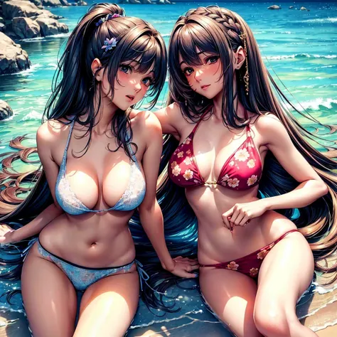 (highest quality,masterpiece,Super high quality),The most beautiful woman in a floral bikini swimsuit,A beautiful face with well-shaped eyes and nose,Her hair is tied back and her bangs are neatly trimmed, while her side hair is left long.,8 heads with a p...