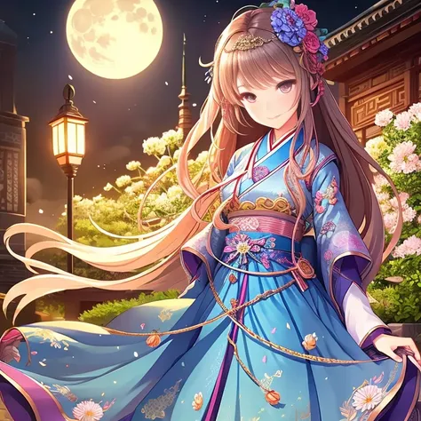 highest quality, expensive_solve, clear_image, detailed background ,girl, Hanbok,flower,garden,moon, night, fantasy